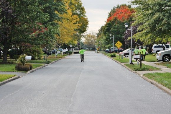 Crews finishing up paving Apple Valley Drive in Middletown last week. The road is being redone as part of a more than $25 million dollar project to repave roads in the township. Credit: Tom Sofield/LevittownNow.com