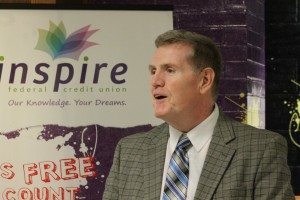 Principal James Moore talking about a new credit union branch in the high school last year. Credit: Tom Sofield/LevittownNow.com