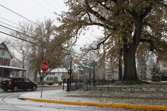 Snow falls just off of Maple Avenue in Langhorne Borough. Credit: Tom Sofield/LevittownNow.com