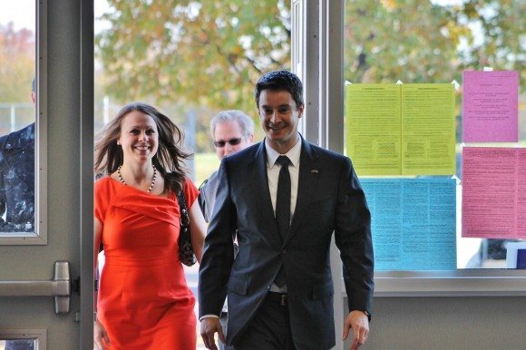 Kevin Strouse and his wife arrive at Maple Point Middle School. Credit: Tom Sofield/LevittownNow.com
