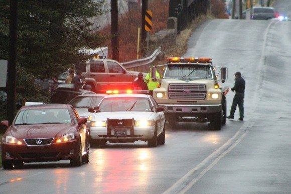 Hulmeville Road in the area of Comly Avenue in Langhorne Manor was closed for a short time Tuesday due to a multi-vehicle traffic accident. State police responded along with medics and firefighters. State police did not release details on the cause or if there were injuries. Credit: Tom Sofield/LevittownNow.com