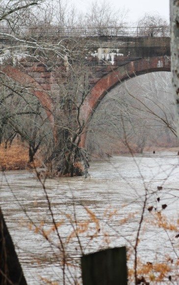 A swollen Neshaminy Creek rushes through Playwicki Park in Middletown. Credit: Tom Sofield/LevittownNow.com