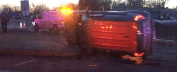 A crash at Trenton and Tyburn roads in Falls Township caused one vehicle to roll onto its side Monday evening. Police said no serious injuries were reported. Credit: Ashley Maglio