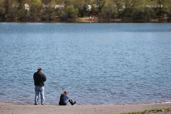 People fishing at Levittown Lake in Tullytown around noon on Sunday.  Credit: Tom Sofield/LevittownNow.com