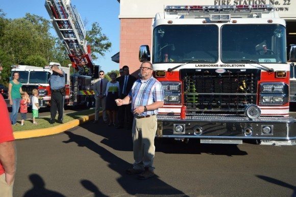 Fire company Chaplain Lutz of Langhorne Methodist Church giving invocation. Credit: Tim Reeves/Submitted
