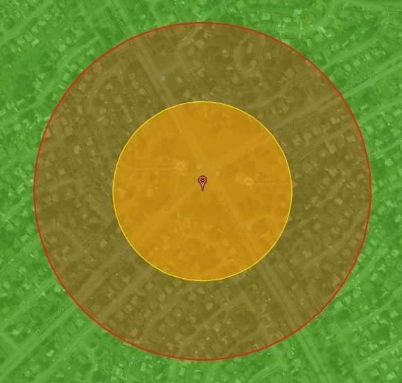 Nearly every person inside the yellow and red circles would be killed instantly by the blase. 