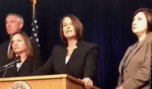 First Assistant District Attorney Michelle Henry (left), Montgomery County District Attorney Risa Vetri Ferman, and Deputy District Attorney Antonetta Stancu (right)  at the Kane press conference on Thursday. 