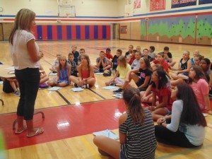 Ms. Ferrero, a Sandburg physical education teacher, addresses sixth grade students on their first day. Credit: Amanda Kuehnle/LevittownNow.com