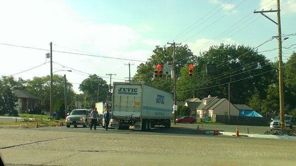 A minor crash between a tractor-trailer and a car at Green Lane and Route 13 in Bristol Township cause some traffic in the area to backup around 4 p.m. Friday. No injuries appeared visible on either of the drivers.  Credit: Tom Sofield/LevittownNow.com
