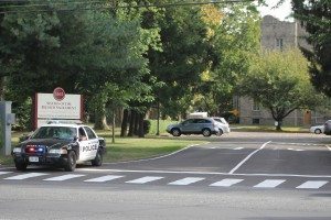 A police car outside the shrine.  Credit: Tom Sofield/LevittownNow.com