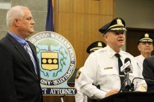 Bensalem Public Safety Director Fred Harran with Assistant District Attorney Matt Weintraub during the press conference. Credit: Tom Sofield/LevittownNow.com