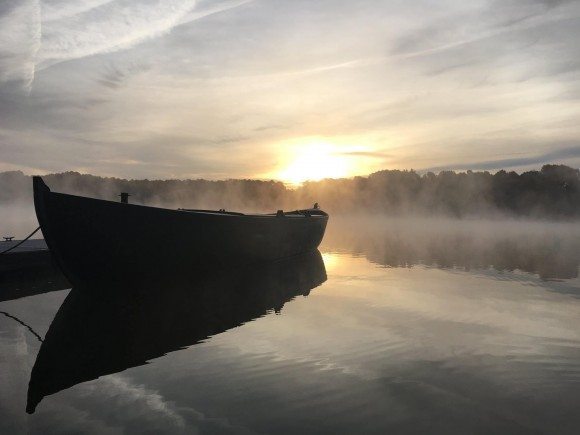 Deputy Sheriff James Mitchell captured this photo of a Durham boat at Core Creek Park in Middletown on Tuesday morning. The boat has been refurbished and belongs to the Friends of Washington Crossing Park. The boat is currently in the lake at Core Creek Park so the wood can swell and it can be checked for leaks.  Credit: James Mitchell/County of Bucks