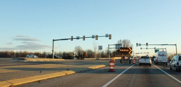 The bridge damage has one lane of traffic on Oxford Valley Road. Credit: Tom Sofield/LevittownNow.com