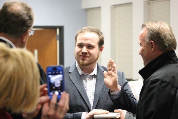 Bristol Township Council President Craig Bowen looks on as his son, Shane Bowen, was being sworn in as a Bristol Township School Board member. Credit: Tom Sofield/LevittownNow.com