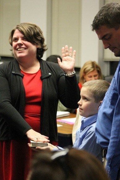 Board member Amanda Geist being sworn in. Credit: Tom Sofield/LevittownNow.com