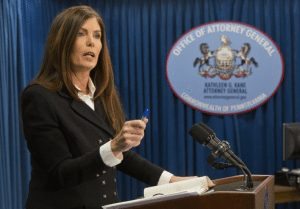 Attorney General Kathleen Kane speaking to reporters in 2014.  Credit: State of PA