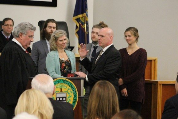 Treasurer Tom Panzer taking his oath. Credit: Tom Sofield/LevittownNow.com