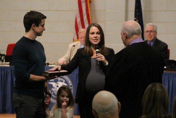 Amy Strouse with her family as she was sworn in. Credit: Tom Sofield/LevittownNow.com