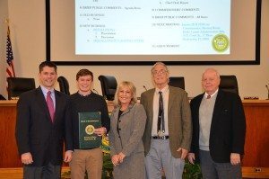 The Bucks County Commissioners, Poet Laureate Tyler Kline and an unidentified man last week. Credit: County of Bucks