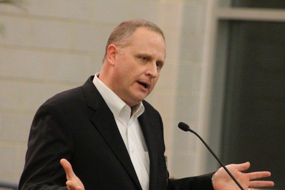 Doug Hanisch told residents about ways to support efforts to keep the school open. Credit: Tom Sofield/LevittownNow.com