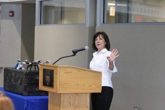 Lisa Angelo, dean of the STEM department at the college. looks at the science building that is under construction. Credit: Tom Sofield/LevittownNow.com