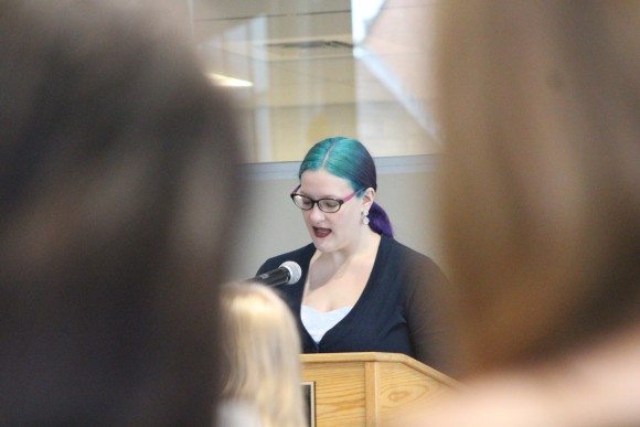Student Anna Snyder, who is studying Neuroscience and president of a on-campus STEM club for women, spoke at the event. Credit: Tom Sofield/LevittownNow.com