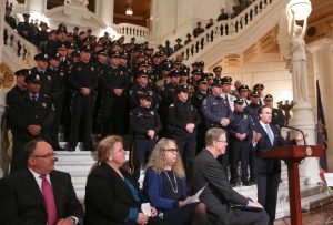 Lt. Gov. Mike Stack speaking before hundreds of police officers. Credit: State Of PA