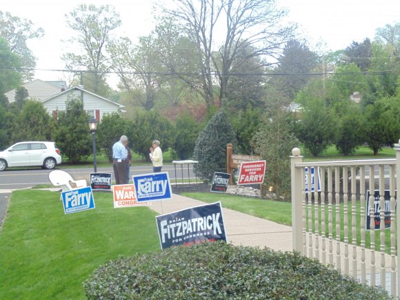 Campaign signs outside a polling place in Langhorne. Credit: Amanda Kuehnle/LevittownNow.com