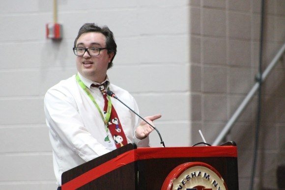 Neshaminy sub Joshua Wenstrup speaking against closing the school. Credit: Tom Sofield/LevittownNow.com