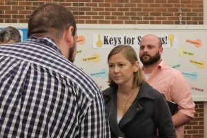 Naughton speaking to a supporter after the debate. Credit: Tom Sofield/LevittownNow.com