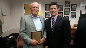 Howard “Chip Baker” (left) receives honorary award for 25 years of outstanding service with Leadership Bucks County from Robert G. Loughery, (right) Commissioner Chairman, County of Bucks and a 1997 Leadership graduate. Credit: Lower Bucks County Chamber of 