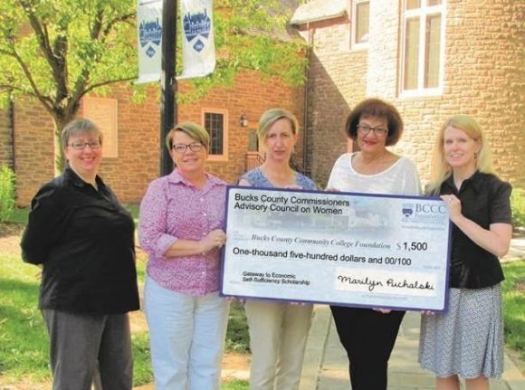The Bucks County Commissioners Advisory Council on Women recently made a three-year pledge totaling $1,500 to a scholarship for Bucks County Community College students in the Bucks County Opportunity Council’s Economic Self-Sufficiency Program. Pictured at the college’s Newtown campus are (left-right) Jean Holmes of the Bucks County Community College Foundation, which administers the scholarship; Tammy Schoonover and Stacy Kaiser of the Bucks County Opportunity Council; and Marilyn Puchalski and Karen Pendergrast of the Bucks County Commissioners Advisory Council on Women. Credit: Bucks County Community College