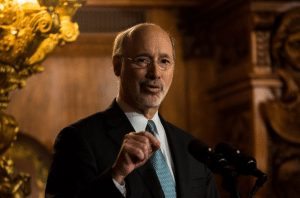 Wolf speaking on the budget. Credit: State of PA