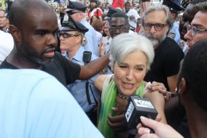 Dr. Jill Stein, Green Party candidate for president, talks to reporters after speaking to supporters in Philadelphia at a rally during the DNC. Credit: Tom Sofield/LevittownNow.com 