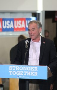 Tim Kaine speaking to a friendly crowd in Newtown Township. Credit: Tom Sofield/LevittownNow.com