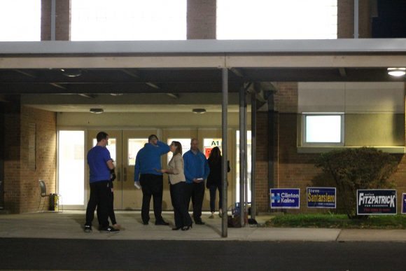 Voters and campaign volunteers outside Pennsbury High School. Credit: Tom Sofield/LevittownNow.com