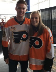 Rowan Haldeman with Flyers goalie Steve Mason. Credit: